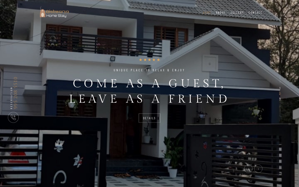 Aishwarya Homestay hospitality website in Palakkad, Kerala